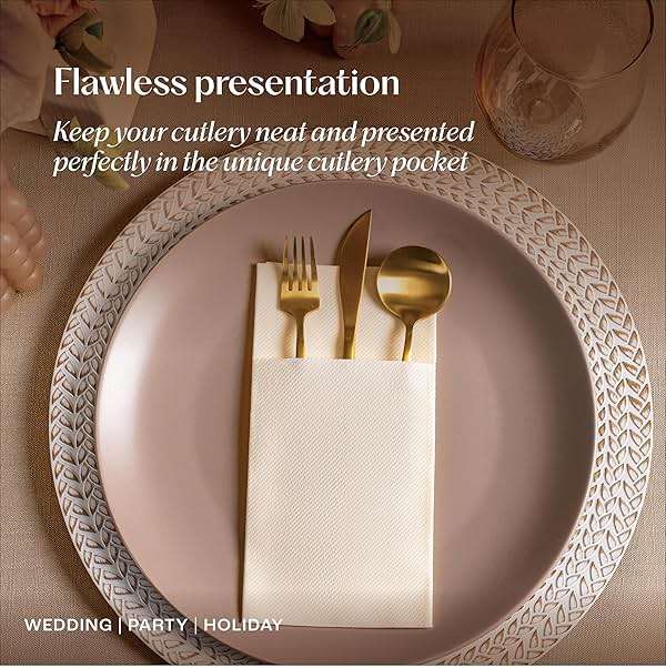 Disposable Linen-Feel Dinner Napkins With Built-in Flatware Pocket, 50-Pack WHITE Prefolded Cloth Like Paper Napkins For Wedding, Dinner Or Party - Image 5