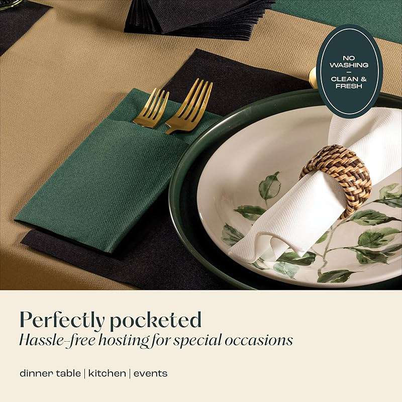 Disposable Linen-Feel Dinner Napkins With Built-in Flatware Pocket, 50-Pack WHITE Prefolded Cloth Like Paper Napkins For Wedding, Dinner Or Party - Image 6