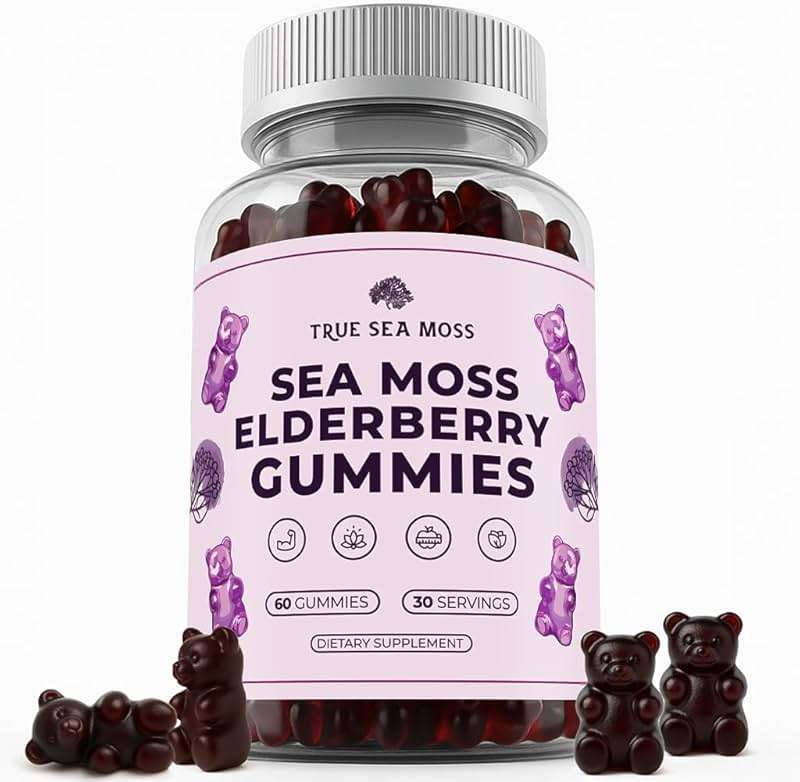 TrueSeaMoss Sea Moss Gummies with Elderberry, Burdock Root & Bladderwrack – for Adults & Kids 4+ – Fruity Flavor – 60 Gummies - Image 1