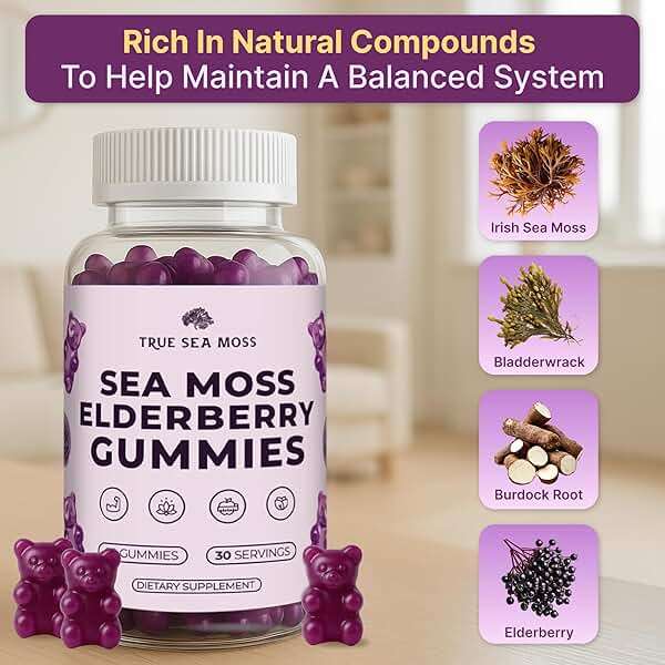 TrueSeaMoss Sea Moss Gummies with Elderberry, Burdock Root & Bladderwrack – for Adults & Kids 4+ – Fruity Flavor – 60 Gummies - Image 3
