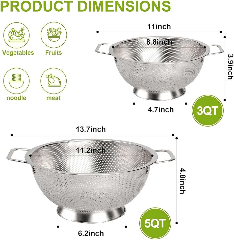 Gulex Colander Stainless Steel 3-Quart, Strainer Kitchen, Dishwasher Safe - Image 3