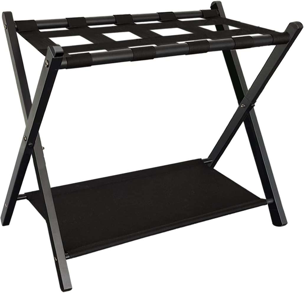 Queension Folding Luggage Rack Stand with Shelf for Guest Room, Foldable Metal Suitcase Storage Caddy Holder for Bedroom Hotel Essentials, Black, 1pack - Image 1