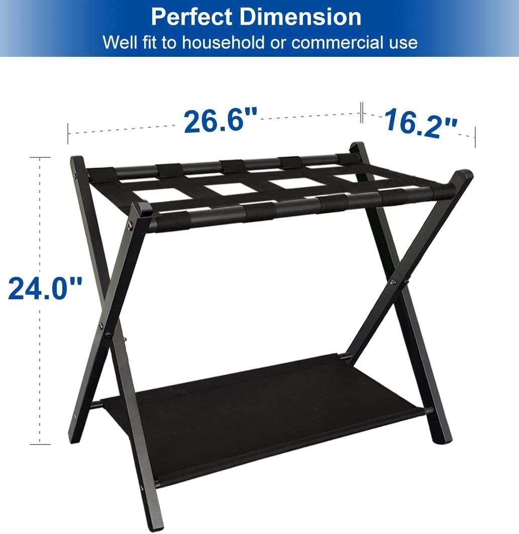 Queension Folding Luggage Rack Stand with Shelf for Guest Room, Foldable Metal Suitcase Storage Caddy Holder for Bedroom Hotel Essentials, Black, 1pack - Image 2