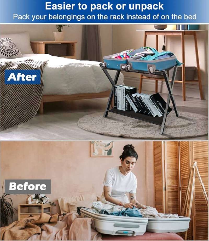 Queension Folding Luggage Rack Stand with Shelf for Guest Room, Foldable Metal Suitcase Storage Caddy Holder for Bedroom Hotel Essentials, Black, 1pack - Image 3