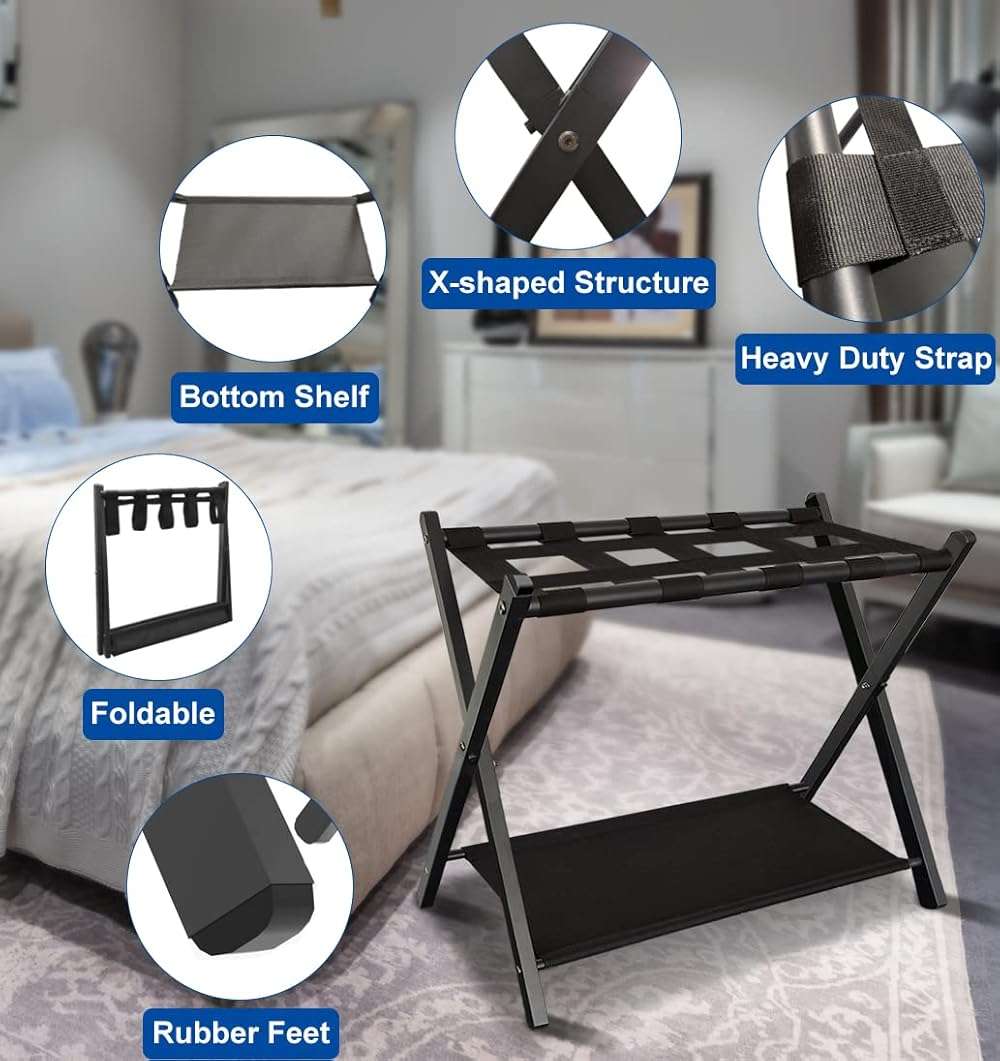 Queension Folding Luggage Rack Stand with Shelf for Guest Room, Foldable Metal Suitcase Storage Caddy Holder for Bedroom Hotel Essentials, Black, 1pack - Image 4
