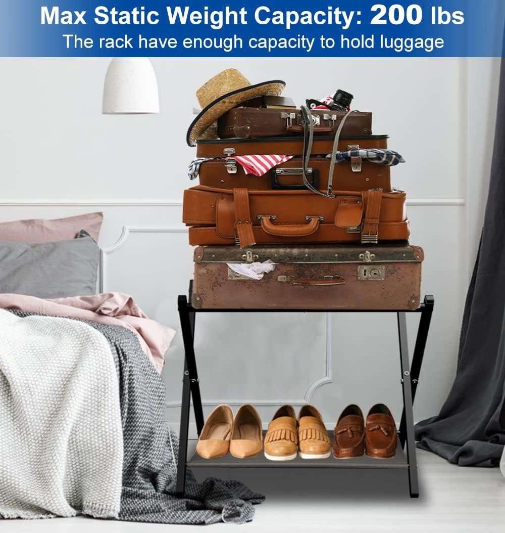 Queension Folding Luggage Rack Stand with Shelf for Guest Room, Foldable Metal Suitcase Storage Caddy Holder for Bedroom Hotel Essentials, Black, 1pack - Image 5
