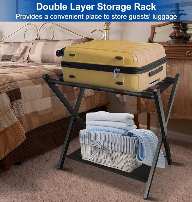 Queension Folding Luggage Rack Stand with Shelf for Guest Room, Foldable Metal Suitcase Storage Caddy Holder for Bedroom Hotel Essentials, Black, 1pack - Image 6