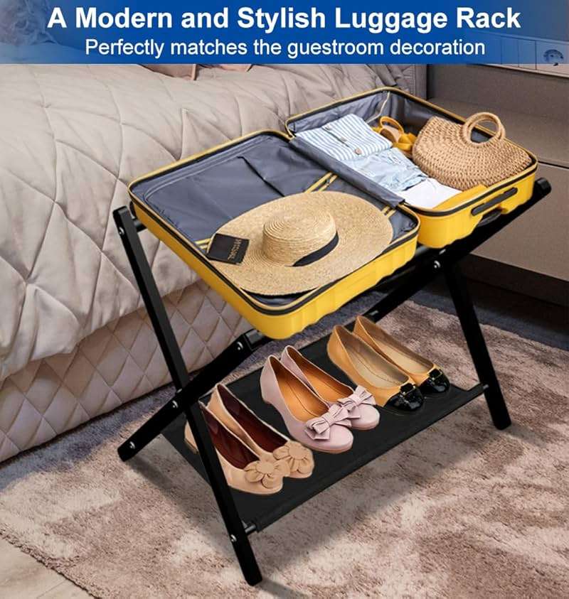 Queension Folding Luggage Rack Stand with Shelf for Guest Room, Foldable Metal Suitcase Storage Caddy Holder for Bedroom Hotel Essentials, Black, 1pack - Image 8