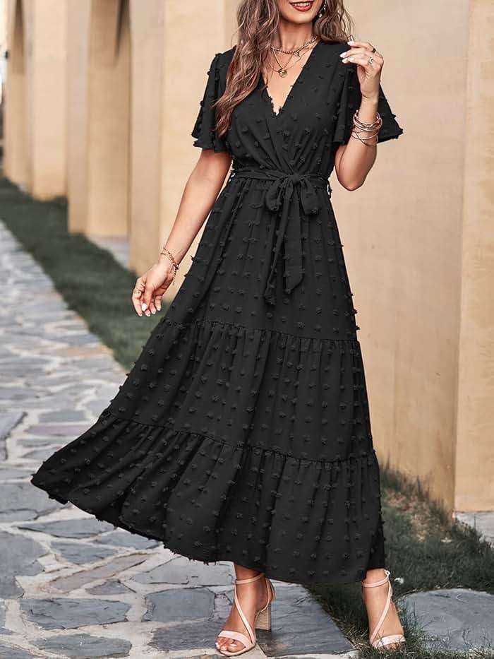 MASCOMODA Womens Summer Swiss Dot Maxi Dresses Wrap V Neck Flutter Short Sleeve Boho Casual Flowy Long Wedding Guest Dress - Image 2