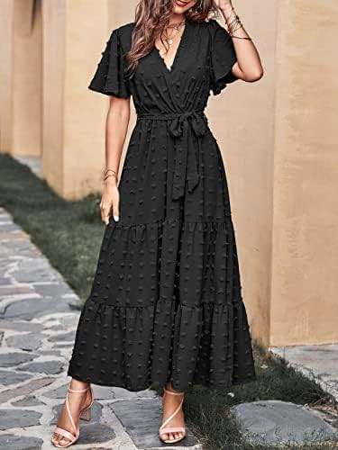 MASCOMODA Womens Summer Swiss Dot Maxi Dresses Wrap V Neck Flutter Short Sleeve Boho Casual Flowy Long Wedding Guest Dress - Image 3