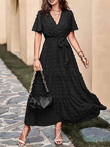 MASCOMODA Womens Summer Swiss Dot Maxi Dresses Wrap V Neck Flutter Short Sleeve Boho Casual Flowy Long Wedding Guest Dress - Image 4