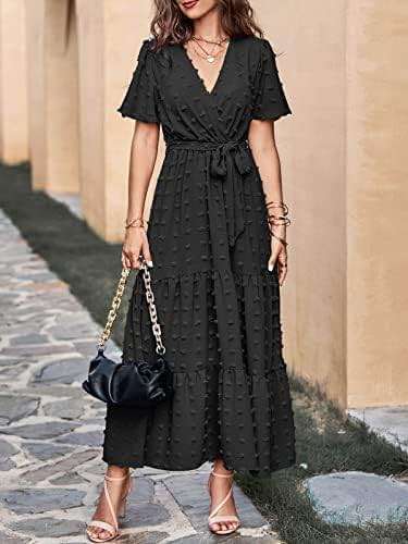 MASCOMODA Womens Summer Swiss Dot Maxi Dresses Wrap V Neck Flutter Short Sleeve Boho Casual Flowy Long Wedding Guest Dress - Image 7