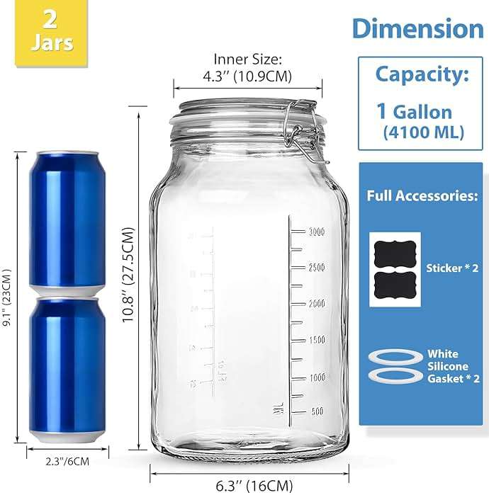 1 Gallon Super Wide Mouth Glass Storage Jars with Airtight Lids and 2 Measurement Marks, Leak Proof Glass Container with Hinged Lids, Large Pickle Jars with Labels and Silicone Gasket, 2 Pack - Image 3