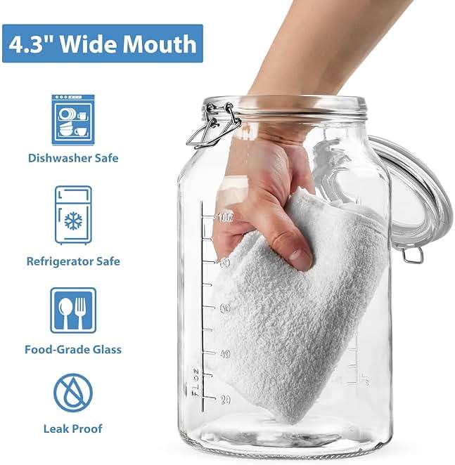 1 Gallon Super Wide Mouth Glass Storage Jars with Airtight Lids and 2 Measurement Marks, Leak Proof Glass Container with Hinged Lids, Large Pickle Jars with Labels and Silicone Gasket, 2 Pack - Image 4