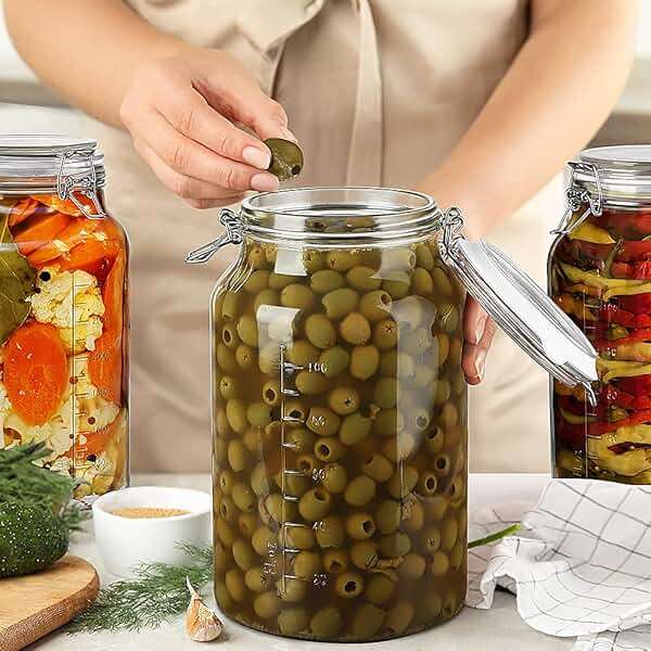 1 Gallon Super Wide Mouth Glass Storage Jars with Airtight Lids and 2 Measurement Marks, Leak Proof Glass Container with Hinged Lids, Large Pickle Jars with Labels and Silicone Gasket, 2 Pack - Image 5