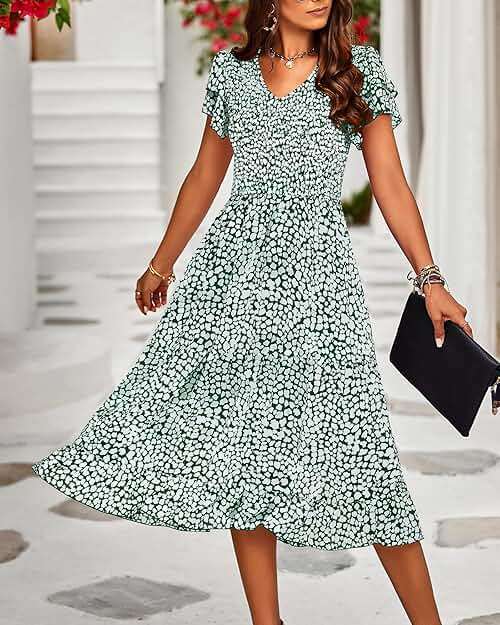 BTFBM Women Casual Summer Short Ruffles Tiered Sleeve Smocked Midi Dresses Bohemian Floral V Neck Wedding Guest Long Dresses - Image 2