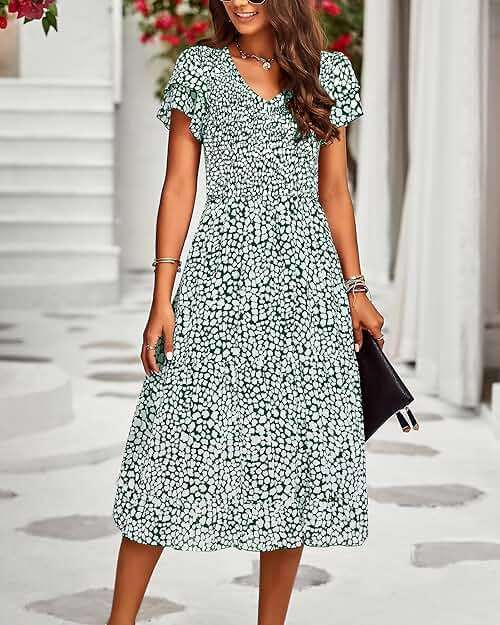 BTFBM Women Casual Summer Short Ruffles Tiered Sleeve Smocked Midi Dresses Bohemian Floral V Neck Wedding Guest Long Dresses - Image 3