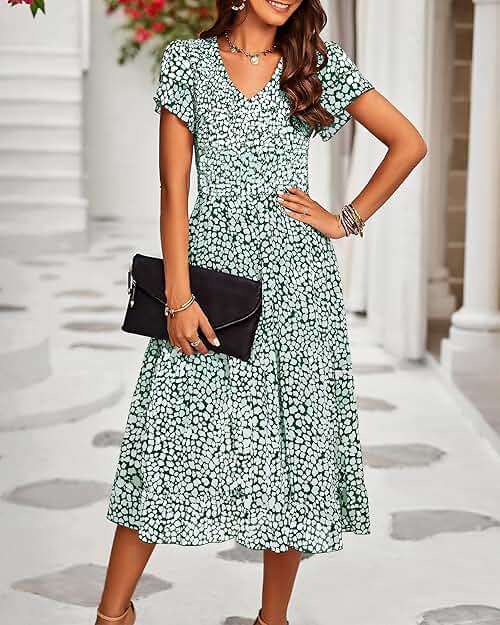 BTFBM Women Casual Summer Short Ruffles Tiered Sleeve Smocked Midi Dresses Bohemian Floral V Neck Wedding Guest Long Dresses - Image 4