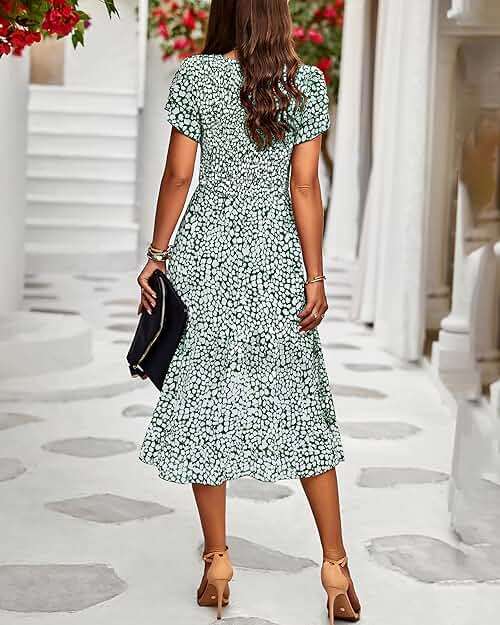 BTFBM Women Casual Summer Short Ruffles Tiered Sleeve Smocked Midi Dresses Bohemian Floral V Neck Wedding Guest Long Dresses - Image 5