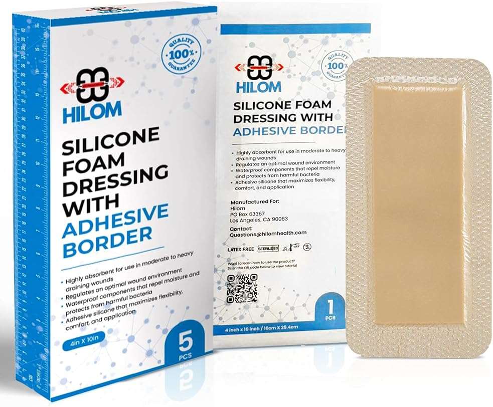 Hilom Silicone Foam Dressing with Adhesive Border 4 in x 10 in (5 Pack) Waterproof Dressing | Moist to Heavily Draining Wounds Including Pressure Ulcer, Burns, or Lacerations | Latex Free - Image 1