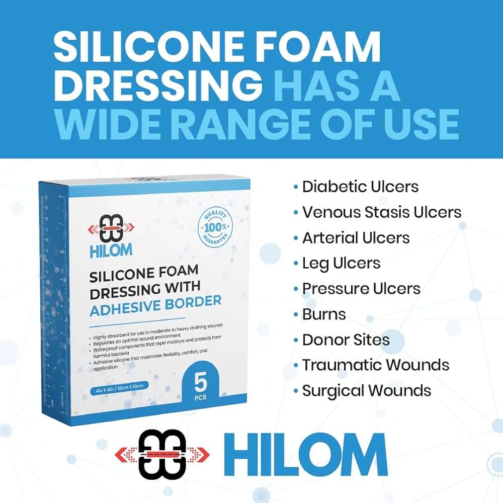 Hilom Silicone Foam Dressing with Adhesive Border 4 in x 10 in (5 Pack) Waterproof Dressing | Moist to Heavily Draining Wounds Including Pressure Ulcer, Burns, or Lacerations | Latex Free - Image 2