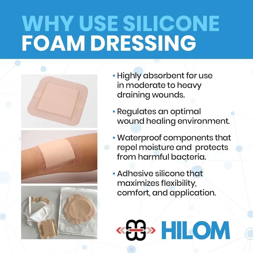 Hilom Silicone Foam Dressing with Adhesive Border 4 in x 10 in (5 Pack) Waterproof Dressing | Moist to Heavily Draining Wounds Including Pressure Ulcer, Burns, or Lacerations | Latex Free - Image 3