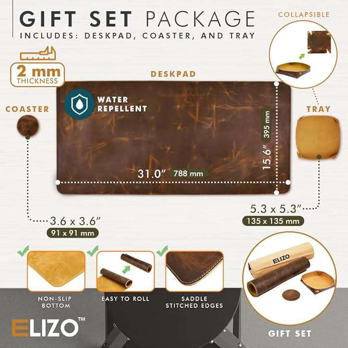 Elizo Real Leather Desk Mat Set (32x16) Large Desk Cover Desk Blotter Protector Computer Gaming Mouse Pad Table Laptop Office Desktop Accessories - Image 3