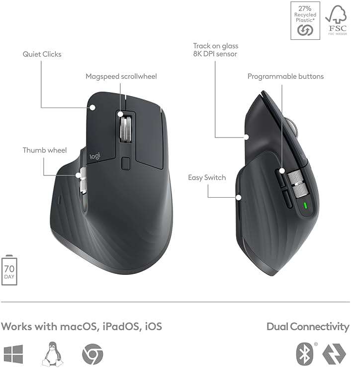 Logitech MX Keys S Combo - Performance Wireless Keyboard and Mouse with Palm Rest, Customizable Illumination, Fast Scrolling, Bluetooth, USB C, for Windows, Linux, Chrome, Mac,Color Graphite. - Image 7