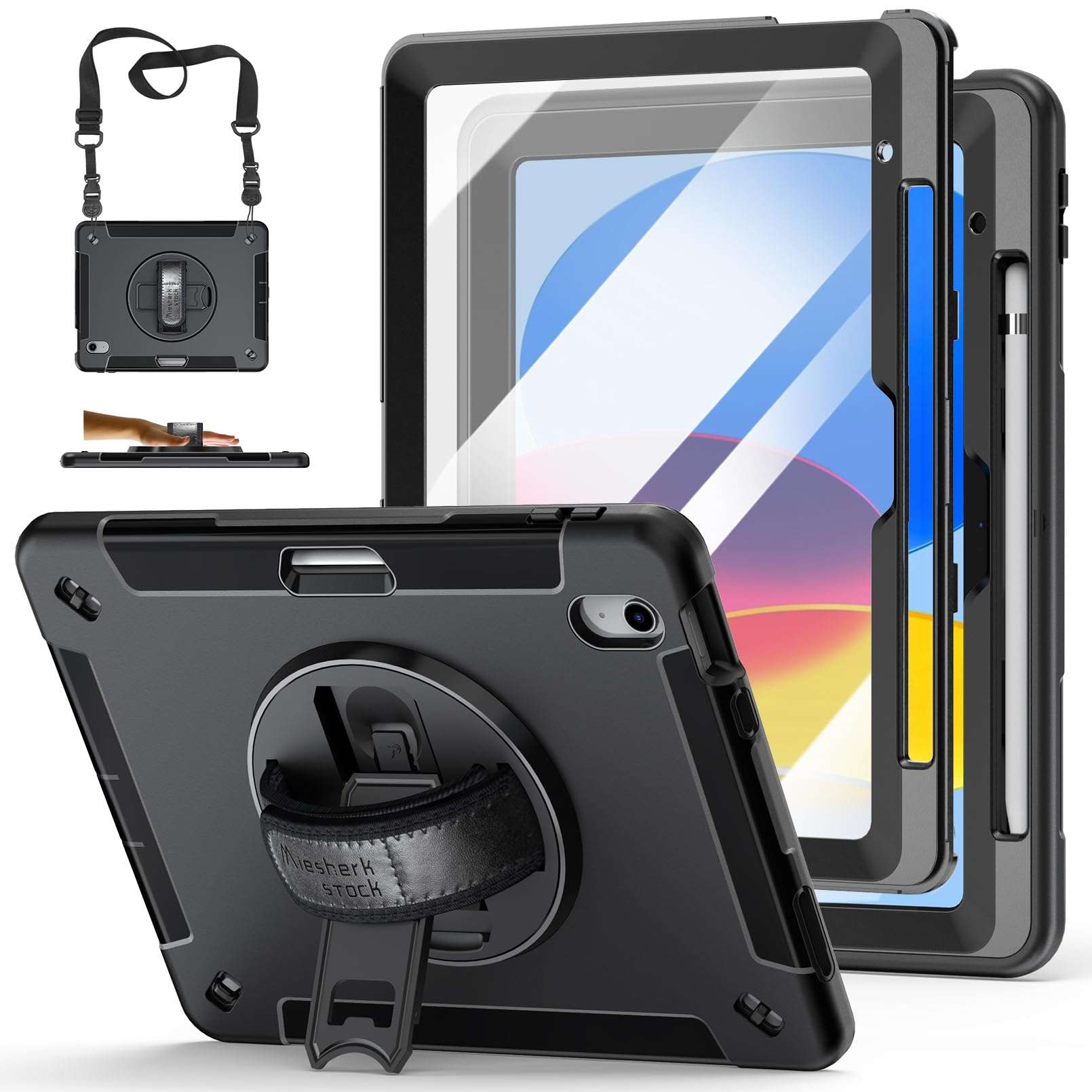 Case for iPad (A16) 11th/10th Generation Case: Protective Cover for iPad 11th Gen 11 Inch 2025 &10th Gen 10.9" 2022 with Screen Protector- Stand- Shoulder Strap- Handle- Pencil Holder-Black - Image 1