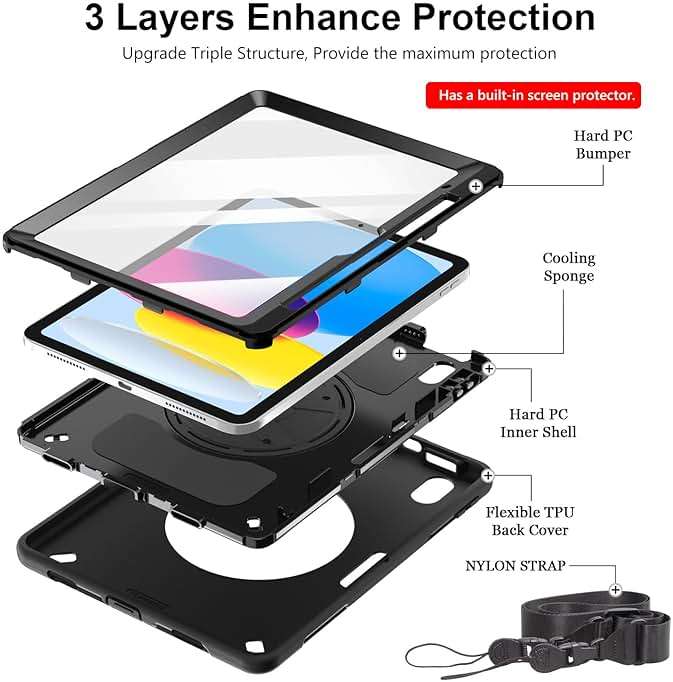 Case for iPad (A16) 11th/10th Generation Case: Protective Cover for iPad 11th Gen 11 Inch 2025 &10th Gen 10.9" 2022 with Screen Protector- Stand- Shoulder Strap- Handle- Pencil Holder-Black - Image 6
