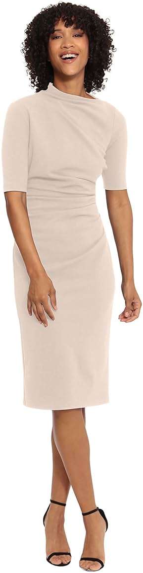 Maggy London Women's Maggy London Women's Dresses Side Pleat Dress with Asymmetric Neck and Elbow Sleeves - Image 2
