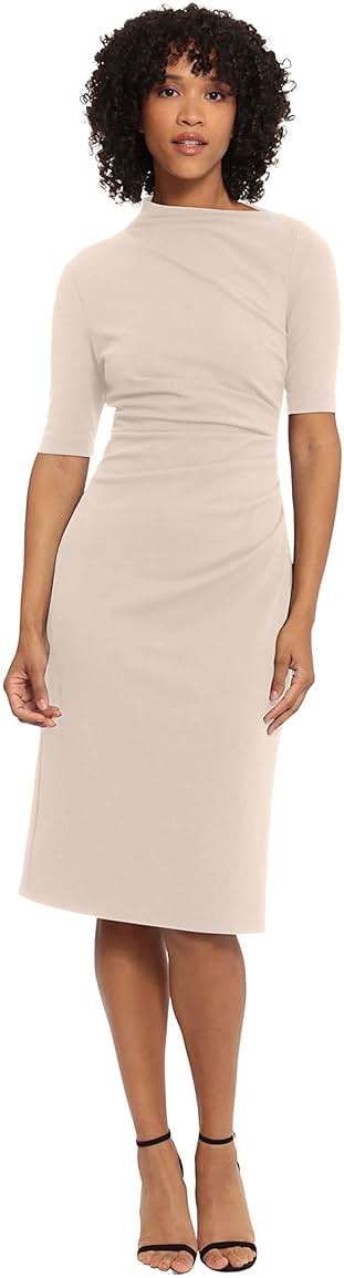 Maggy London Women's Maggy London Women's Dresses Side Pleat Dress with Asymmetric Neck and Elbow Sleeves - Image 3