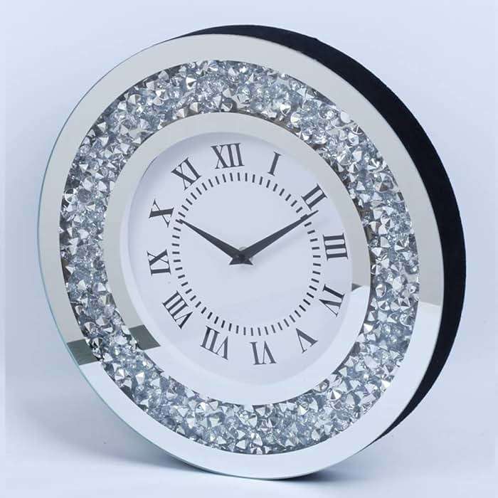 Silver Mirror Clock Crystal Sparkle Twinkle Bling Crush Diamond Mirrored Large Wall Clock for Wall Decoration Silver Glass Mirror Home Décor. AA Battery is not Included. (14 inches-Round) - Image 1