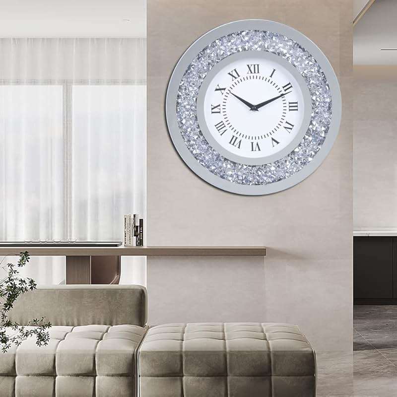 Silver Mirror Clock Crystal Sparkle Twinkle Bling Crush Diamond Mirrored Large Wall Clock for Wall Decoration Silver Glass Mirror Home Décor. AA Battery is not Included. (14 inches-Round) - Image 2