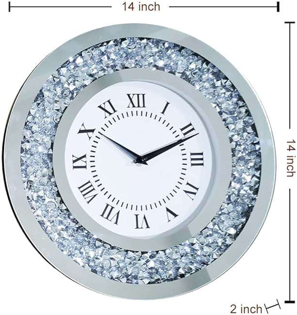 Silver Mirror Clock Crystal Sparkle Twinkle Bling Crush Diamond Mirrored Large Wall Clock for Wall Decoration Silver Glass Mirror Home Décor. AA Battery is not Included. (14 inches-Round) - Image 3