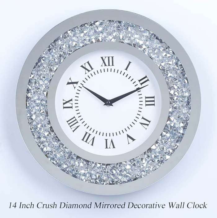 Silver Mirror Clock Crystal Sparkle Twinkle Bling Crush Diamond Mirrored Large Wall Clock for Wall Decoration Silver Glass Mirror Home Décor. AA Battery is not Included. (14 inches-Round) - Image 4