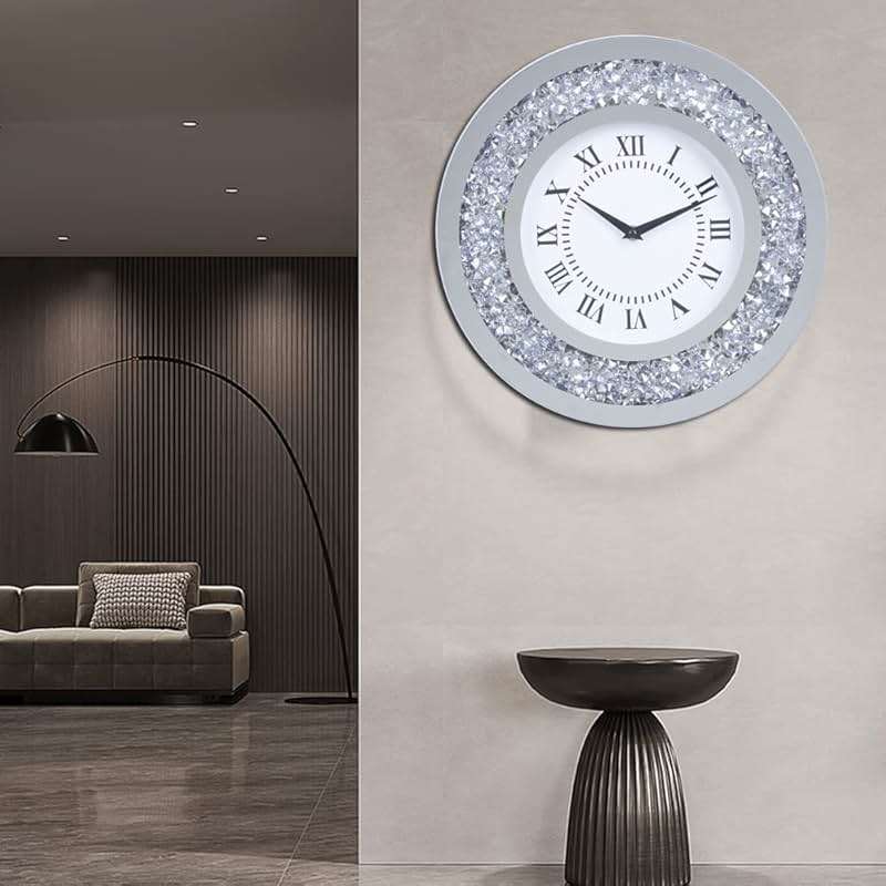 Silver Mirror Clock Crystal Sparkle Twinkle Bling Crush Diamond Mirrored Large Wall Clock for Wall Decoration Silver Glass Mirror Home Décor. AA Battery is not Included. (14 inches-Round) - Image 5