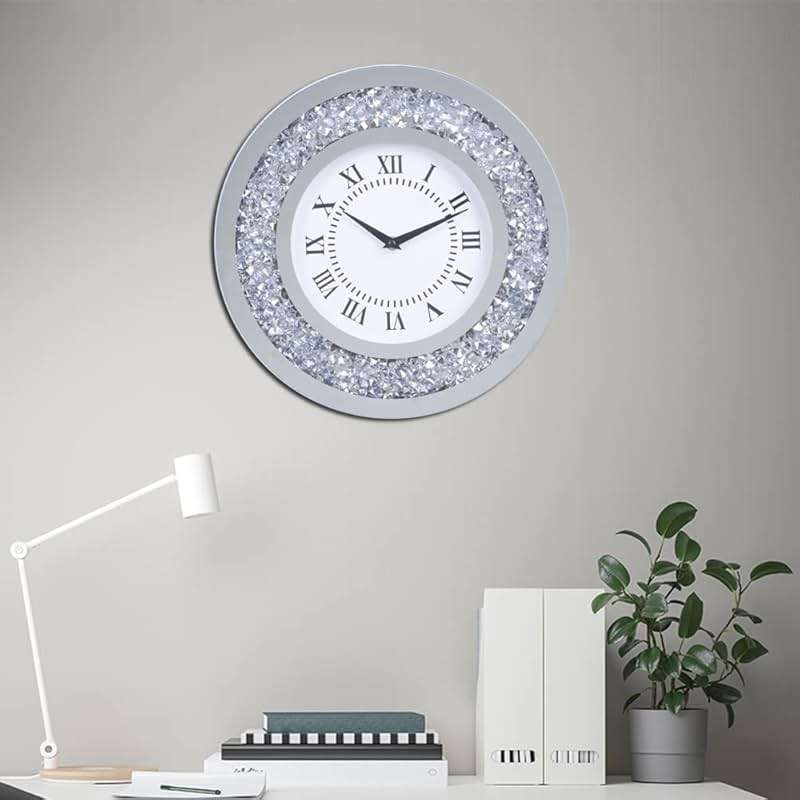 Silver Mirror Clock Crystal Sparkle Twinkle Bling Crush Diamond Mirrored Large Wall Clock for Wall Decoration Silver Glass Mirror Home Décor. AA Battery is not Included. (14 inches-Round) - Image 6