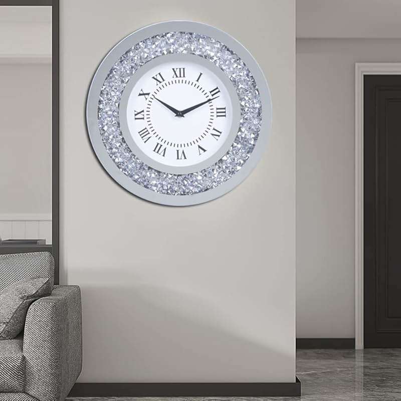Silver Mirror Clock Crystal Sparkle Twinkle Bling Crush Diamond Mirrored Large Wall Clock for Wall Decoration Silver Glass Mirror Home Décor. AA Battery is not Included. (14 inches-Round) - Image 7