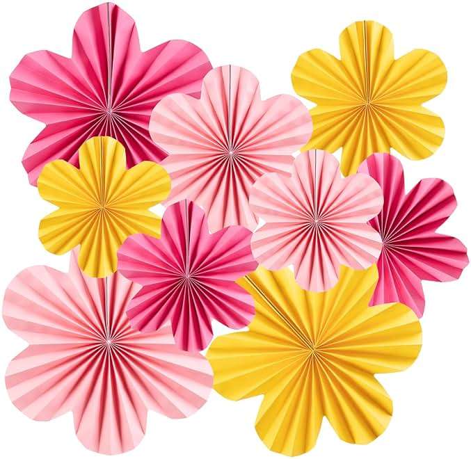 SUNBEAUTY Paper Flowers Decorations for Wall, Paper Flower Fan Classroom Decoration Paper Floral Backdrop Decor Paper Fans Decoration Hanging Paper Fans Pink Yellow Flower Wall Decor - Image 1