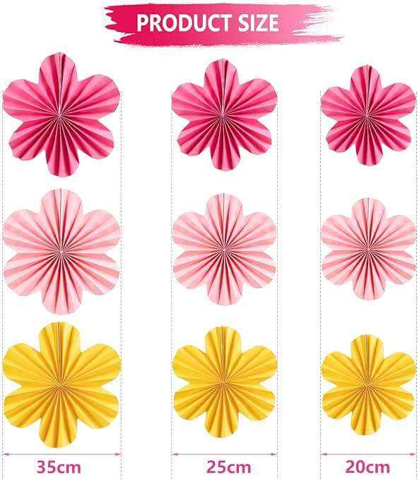 SUNBEAUTY Paper Flowers Decorations for Wall, Paper Flower Fan Classroom Decoration Paper Floral Backdrop Decor Paper Fans Decoration Hanging Paper Fans Pink Yellow Flower Wall Decor - Image 2
