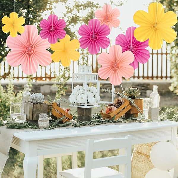 SUNBEAUTY Paper Flowers Decorations for Wall, Paper Flower Fan Classroom Decoration Paper Floral Backdrop Decor Paper Fans Decoration Hanging Paper Fans Pink Yellow Flower Wall Decor - Image 4