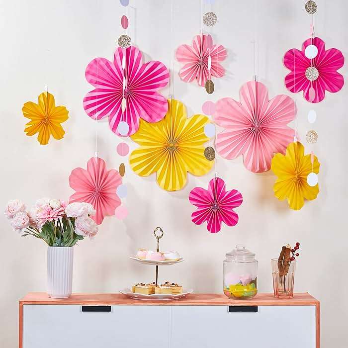 SUNBEAUTY Paper Flowers Decorations for Wall, Paper Flower Fan Classroom Decoration Paper Floral Backdrop Decor Paper Fans Decoration Hanging Paper Fans Pink Yellow Flower Wall Decor - Image 5