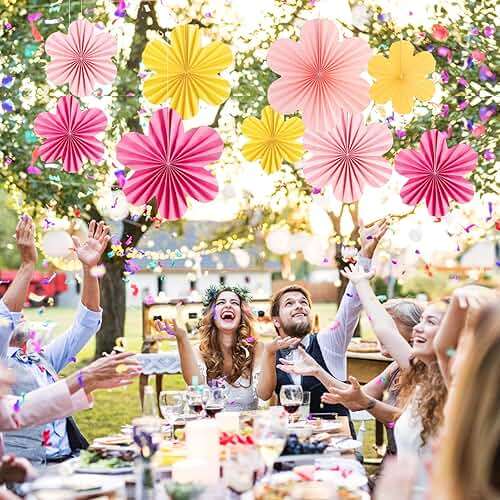 SUNBEAUTY Paper Flowers Decorations for Wall, Paper Flower Fan Classroom Decoration Paper Floral Backdrop Decor Paper Fans Decoration Hanging Paper Fans Pink Yellow Flower Wall Decor - Image 6