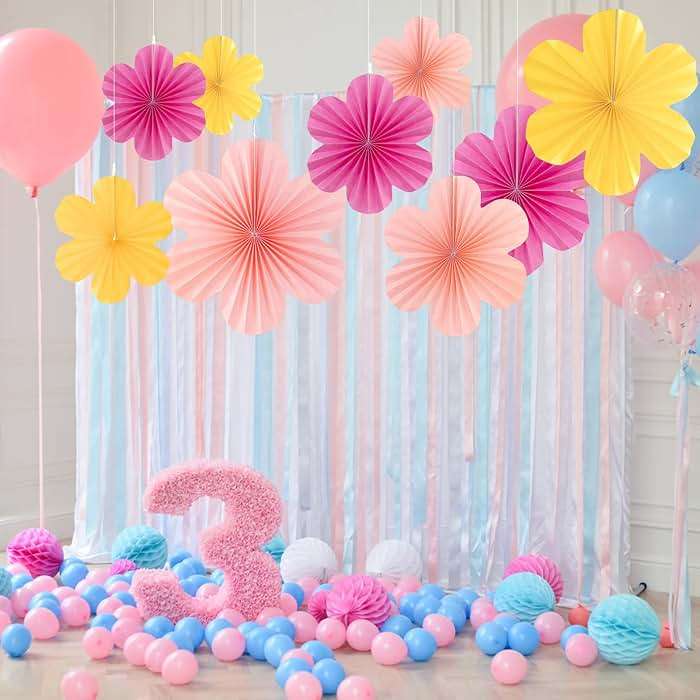 SUNBEAUTY Paper Flowers Decorations for Wall, Paper Flower Fan Classroom Decoration Paper Floral Backdrop Decor Paper Fans Decoration Hanging Paper Fans Pink Yellow Flower Wall Decor - Image 7