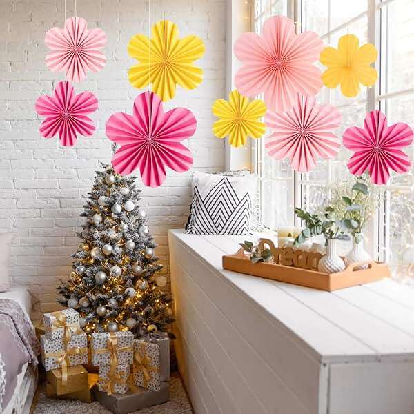 SUNBEAUTY Paper Flowers Decorations for Wall, Paper Flower Fan Classroom Decoration Paper Floral Backdrop Decor Paper Fans Decoration Hanging Paper Fans Pink Yellow Flower Wall Decor - Image 8