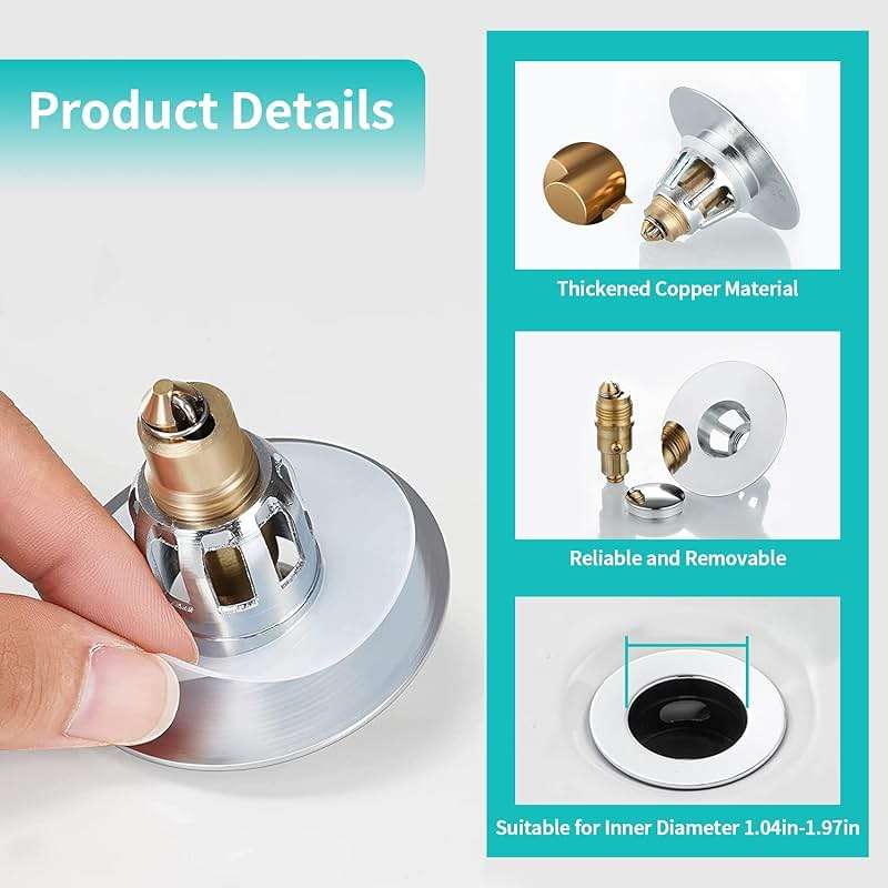 Sink Stopper, Bathroom Sink Drain Strainer with Hair Catcher, for 1.04’’~1.97’’ Drain Hole, Brass Universal Drain Cover, Pop Up Basin Plug - Image 5