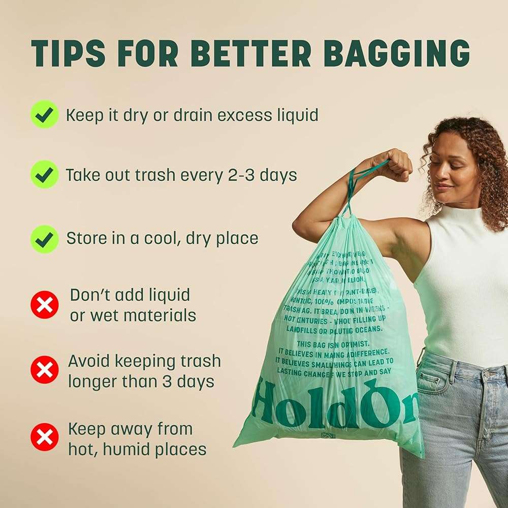 HoldOn Compostable Tall Kitchen Drawstring Bags, 13 Gallon - Leak-Resistant Triple-Ply Plant-Based Kitchen Bags for Trash, Compost & Bin Liners, BPA-Free, BPI Certified, 40 Count - Image 2