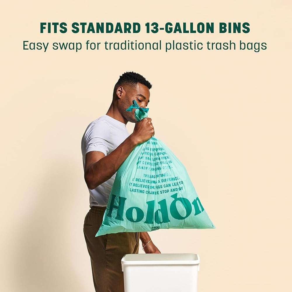 HoldOn Compostable Tall Kitchen Drawstring Bags, 13 Gallon - Leak-Resistant Triple-Ply Plant-Based Kitchen Bags for Trash, Compost & Bin Liners, BPA-Free, BPI Certified, 40 Count - Image 4