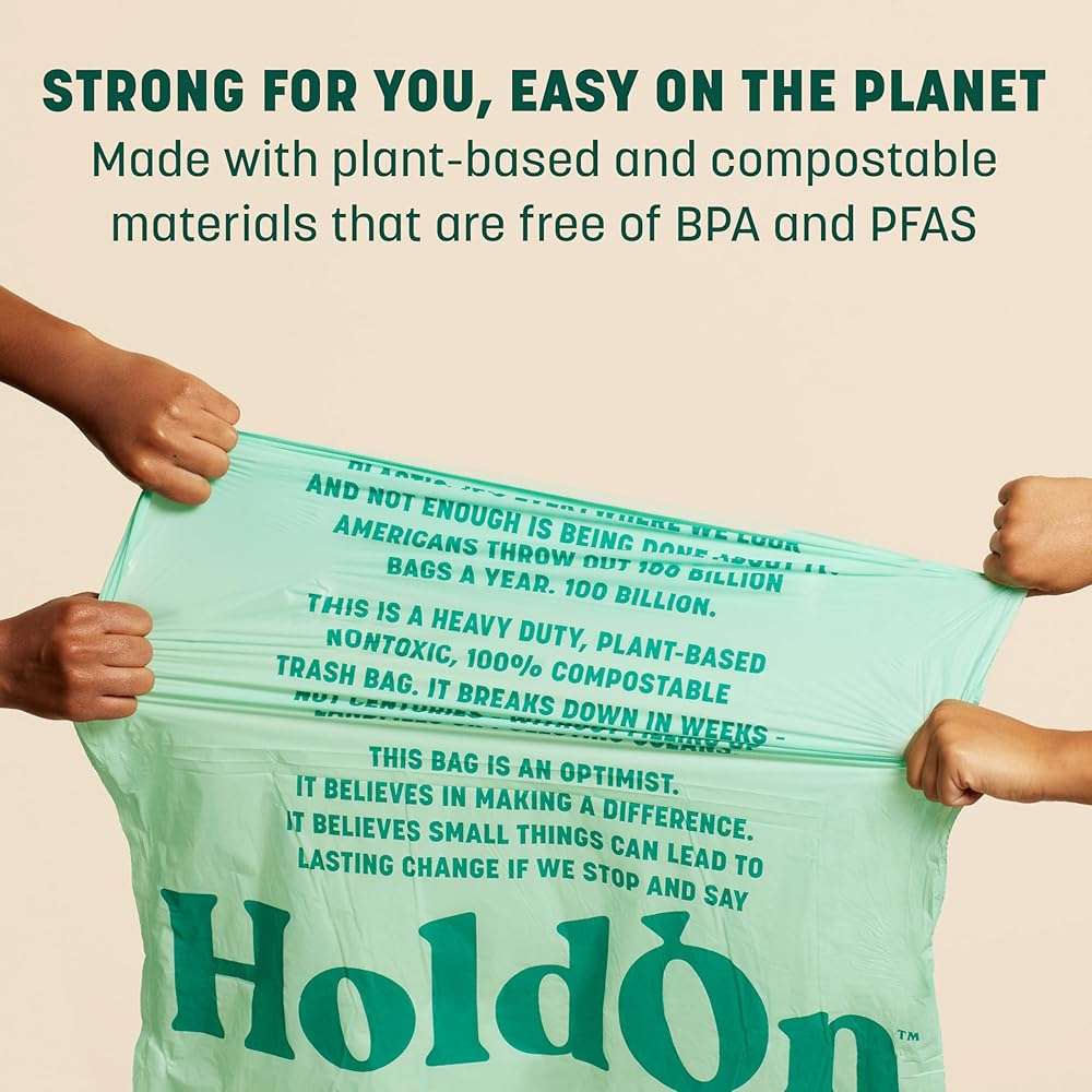 HoldOn Compostable Tall Kitchen Drawstring Bags, 13 Gallon - Leak-Resistant Triple-Ply Plant-Based Kitchen Bags for Trash, Compost & Bin Liners, BPA-Free, BPI Certified, 40 Count - Image 6